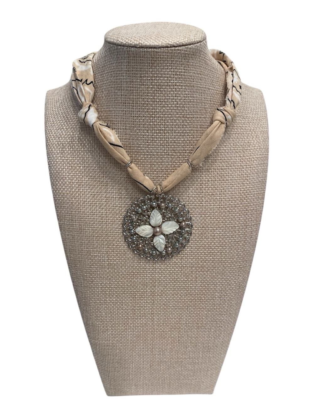 Boho Bandana Beige Scarf Necklace with Shell Flower Pendant